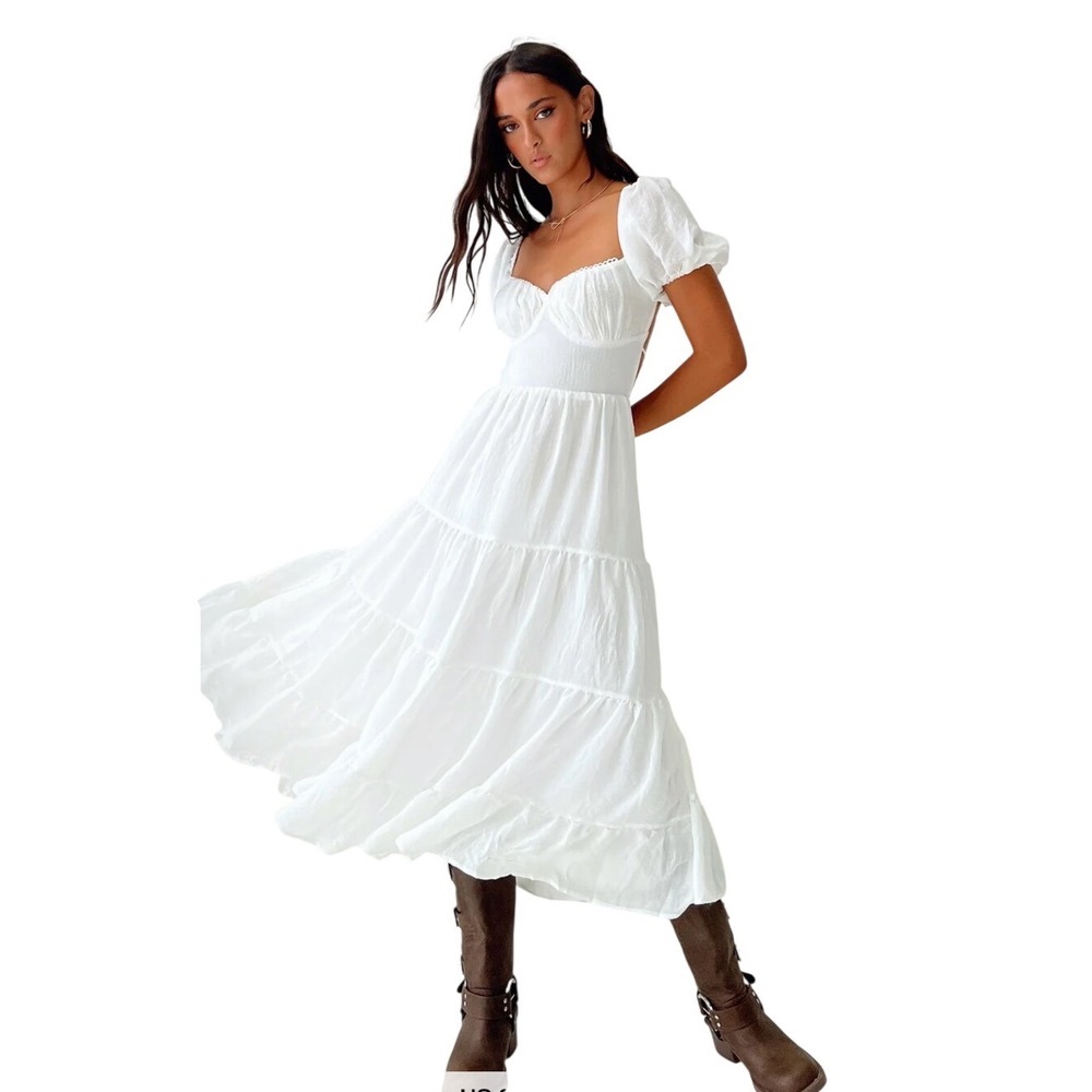 Princess Polly Danny White Cotton Tiered Puff Sleeve Midi Dress Tie Back size 12